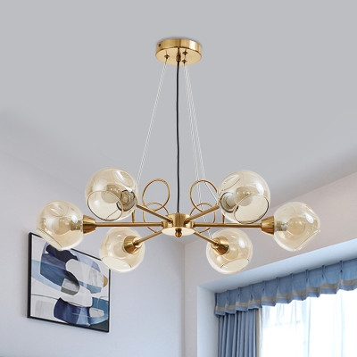 Cognac Glass Spherical Ceiling Lamp Vintage 3/6/8 Heads Pendant Chandelier in Gold, Warm/White Light