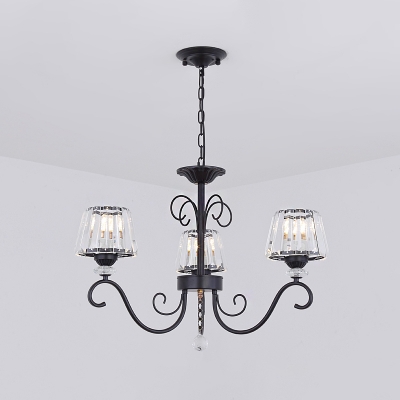 Cone Clear Crystal Hanging Chandelier Modern 3/6/8 Heads Black Suspension Light with Curved Arm for Dining Room