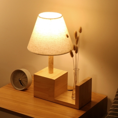Conical Bedroom Night Lamp Fabric 1 Head Modernism Table Light with Cubic Base in Wood