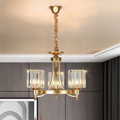 Drum Shade Beveled Crystal Chandelier Contemporary 3/6-Light Gold Finish Pendant Ceiling Light