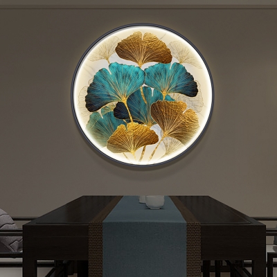 Ginkgo Leaf Fabric Wall Lighting Ideas Asian Style LED Yellow and Green/Green Circular Mural Light for Dining Room