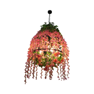 Global Cage Metal Drop Pendant Antique 4-Light Cafe Hanging Chandelier with Violet Deco in Pink