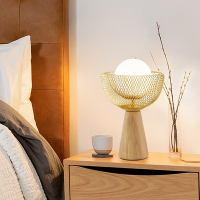 Global White Glass Night Table Lamp Simple 1-Light Beige Desk Lighting with Bowl Mesh Design