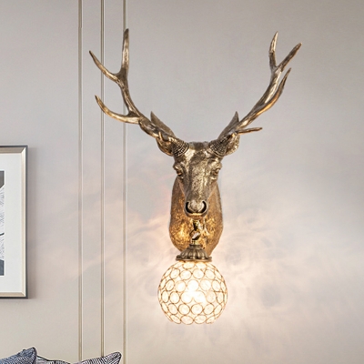 Gold Elk Head Wall Mounted Lamp Country Resin 1 Bulb Living Room Wall Sconce Lighting with Bubble Crystal Shade