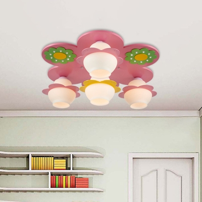 Gourd Cream Glass Flush Mount Lighting Macaron 4 Heads Pink Ceiling Lamp with Flower Decor for Girl's Room