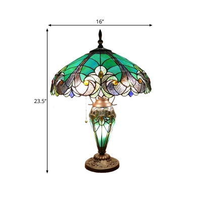 Green Diamond Night Table Lighting Tiffany 3 Heads Stained Glass Pull Chain Desk Lamp with Bowl Shade