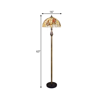 Grid Dome Shell Floor Standing Lamp Tiffany Style 2 Heads White Petal and Butterfly Floor Reading Light with Pull Chain
