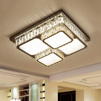 Minimal LED Flush Ceiling Light Chrome Squared Lighting Fixture with Faceted Crystal Shade in Warm/White Light