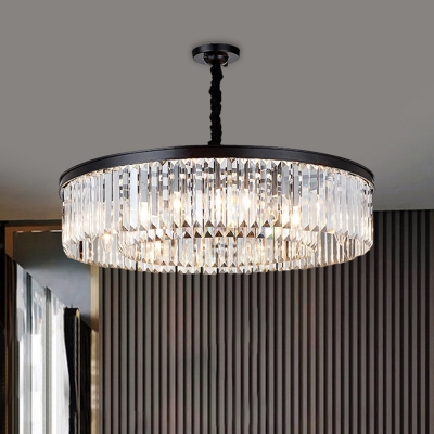 Minimalist 4 Bulbs Ceiling Chandelier Black Drum Down Lighting Pendant with Prismatic Crystal Shade