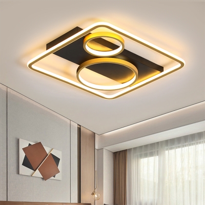 Modern Square and Ring Flush Mount Metal Sleeping Room LED Ceiling Light with Rectangle Canopy in Black