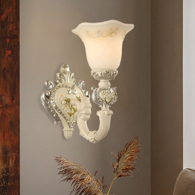Resin Carved Wall Light Sconce Rustic 1/2 Lights Living Room Wall Mounted Lighting in White