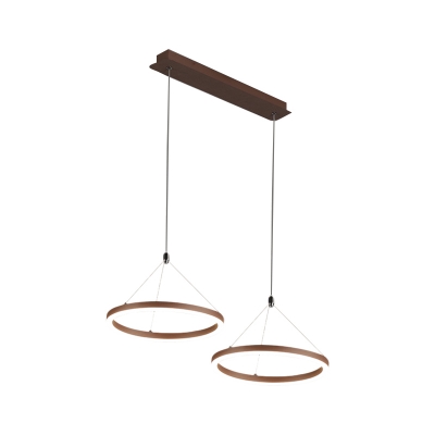 Simple 2-Head LED Pendant Lighting Brown Ring Height-Adjustable Multiple Hanging Lamp with Metal Frame