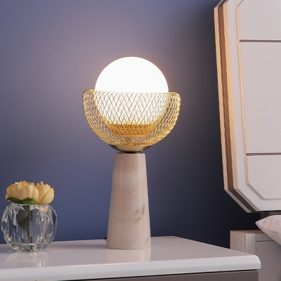 Sphere Opal Glass Night Light Macaron 1-Head Gold Table Lamp for Living Room with Bowl Wire Mesh Design