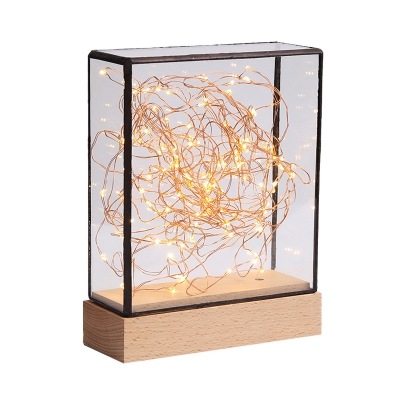 Square Box USB Table Light Kids Transparent Glass Bedside LED Night Lamp in Wood with Bear and String Light