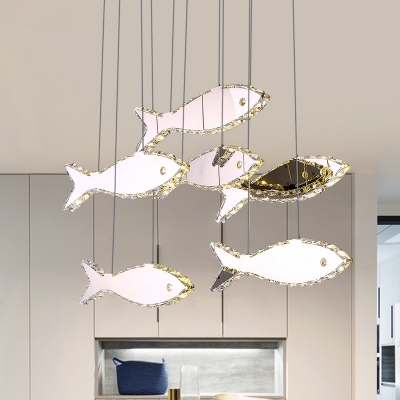 Stainless-Steel Fish Multi Pendant Modern 3/6 Bulbs Crystal Ceiling Hang Fixture in Warm/White Light