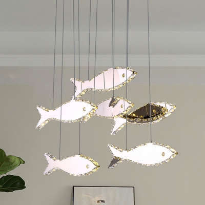 Stainless-Steel Fish Multi Pendant Modern 3/6 Bulbs Crystal Ceiling Hang Fixture in Warm/White Light