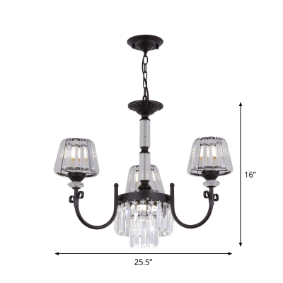 Swirled Arm Ceiling Chandelier Simple Metal 3/6-Light Bedroom Hanging Light Fixture in Black with Cone Crystal Shade
