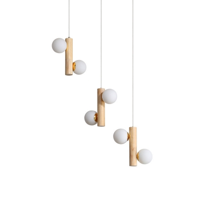 Twig Design Dining Room Cluster Pendant Wood 6-Bulb Nordic Hanging Light in Beige with Orb Opal Glass Shade