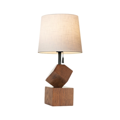 Wood Cubic Base Nightstand Lamp Modern Single Bulb Desk Light with Cone Fabric Shade in Brown/Beige