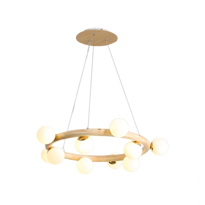 Wood Ring Pendant Chandelier Modern Style 8/10 Bulbs Hanging Lamp in Beige with Orb White Glass Shade