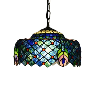 1-Bulb Dining Room Hanging Lamp Kit Tiffany Blue and Green Peacock Tail Pattern with Drum Cut Glass Shade