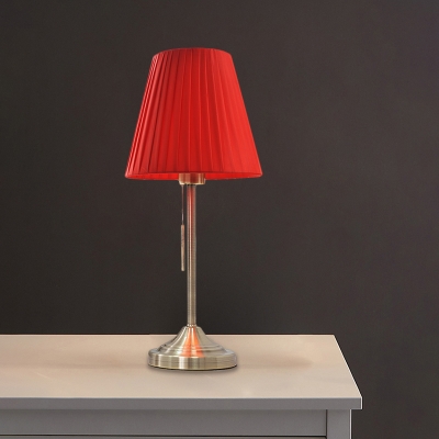 1 Bulb Red/Beige Cone Desk Light Contemporary Pleated Fabric Shade Nightstand Lamp with Pull Chain