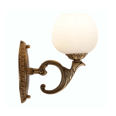 1-Bulb Wall Sconce Lighting Classic Flower White Glass Wall Light in Brass for Living Room