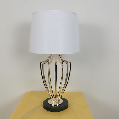 1 Head White Urn Frame Desk Lamp Minimalism Metallic Night Light with Drum Fabric Shade, 11