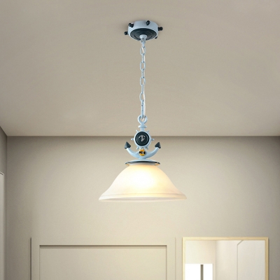 1 Light Sleeping Room Suspension Lamp Kids Blue Hanging Lamp Kit with Flared/Cylinder Frosted Glass Shade, 5