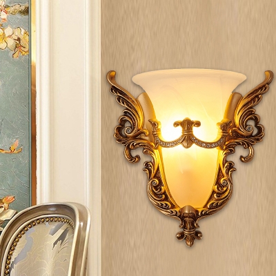 1 Light White Glass Wall Light Sconce Countryside Gold Flared Bedroom Wall Mounted Lighting