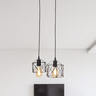 2-Bulb Hexagonal Cage Suspension Lamp Industrial Black Metal Cluster Pendant Light for Dining Room