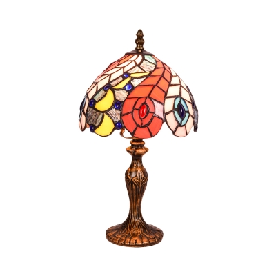 2 Heads Table Lamp Victorian Bowl Stained Glass Night Lighting in Brass with Peacock Tail Pattern