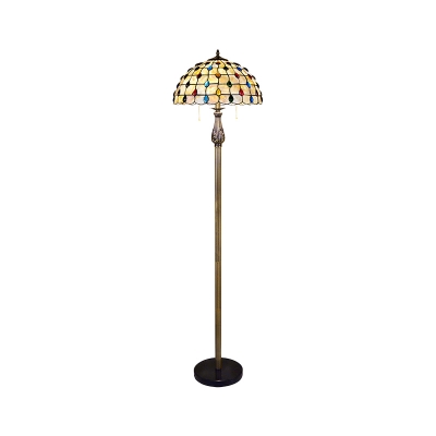 2 Lights Grid Dome Standing Light Baroque White Shell Pull Chain Floor Lamp with Beaded Pattern