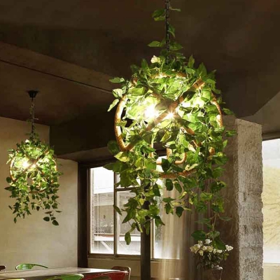 3 Bulbs Hemp Rope Ceiling Pendant Loft Green/Red Global Restaurant Chandelier Lighting with Vine/Cheery Deco