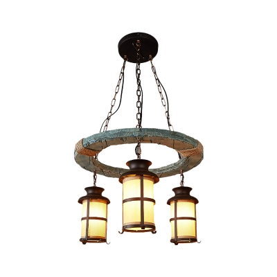 3 Lights Island Light Fixture Farm Style Cylinder Fabric Hanging Lamp Kit in Black with Wood Circle Deco