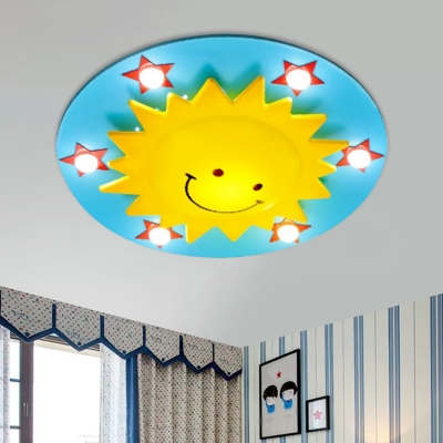6 Lights Nursery Flushmount Lighting Nordic Blue/Pink Ceiling Lamp with Smiling Sun Wood Shade