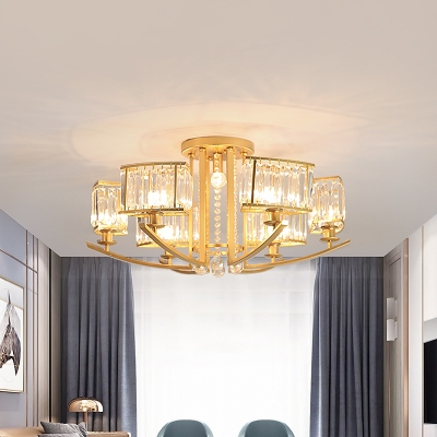 7 Heads Living Room Semi Flush Modern Style Gold Ceiling Fixture with Cuboid Clear Crystal Shade