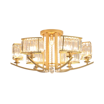7 Heads Living Room Semi Flush Modern Style Gold Ceiling Fixture with Cuboid Clear Crystal Shade