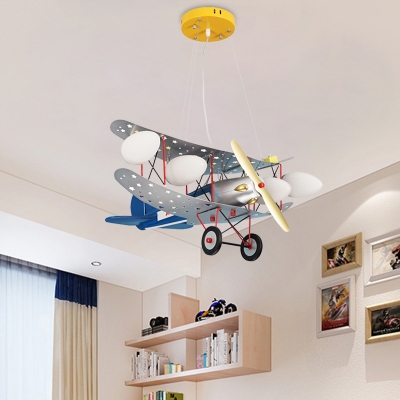 Airplane Boy's Bedroom Ceiling Chandelier White Glass 4 Lights Kids Style Hanging Pendant in Blue