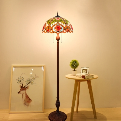 Baroque Bowl Standing Floor Lamp 3 Bulbs Hand Cut Glass Petal Patterned Floor Reading Light in Green with Pull Chain