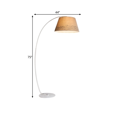 Barrel Drawing Room Task Floor Lamp Fabric 1 Light Modernism Standing Lighting with Bent Arm in Beige