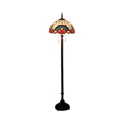 Black 2-Light Floor Lighting Tiffany Style Hand Cut Glass Dome Petal Patterned Standing Light with Pull Chain