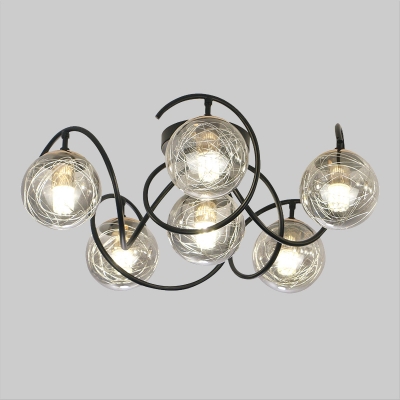 Black Global Ceiling Fixture Modernist 6 Lights Clear/Smoke Grey Glass Semi Flush Mount with Curvy Arm