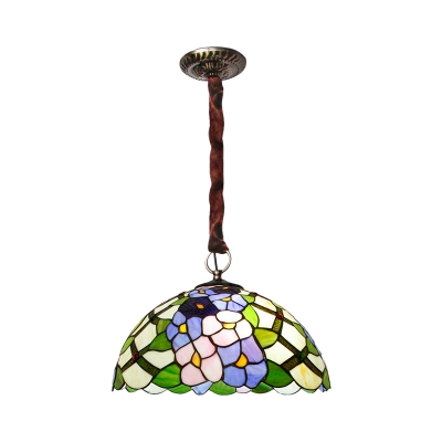 Bronze Flower Hanging Chandelier Mediterranean 3 Heads Hand Cut Glass Pendant Light Fixture with Dome Shade