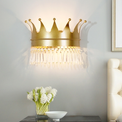 Cartoon Crown Flush Wall Sconce Metal 2 Bulbs Bedroom Wall Lighting in Gold with Crystal Droplet