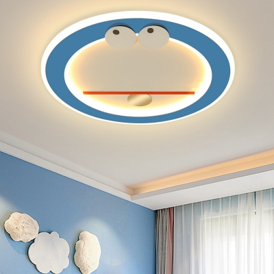 Cat Figure Metal Ceiling Lamp Cartoon LED Blue Flush Mount Lighting for Children Room, Warm/White Light