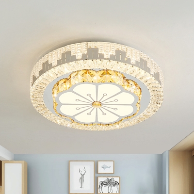 Chrome Drum Flush Mount Light Fixture Minimalist Beveled Crystal LED Ceiling Mounted Lamp for Bedroom