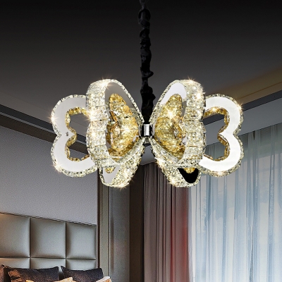Chrome Loving Heart Pendant Chandelier Minimal Clear Crystal LED Hanging Ceiling Light in Warm/White Light