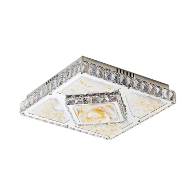 Clear Crystal Square Flush Light Fixture Modern LED Close to Ceiling Lamp in Chrome with Flower Pattern