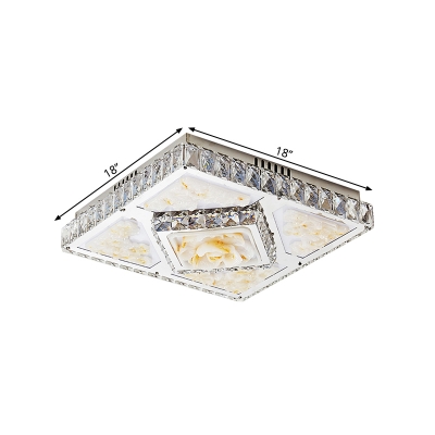 Clear Crystal Square Flush Light Fixture Modern LED Close to Ceiling Lamp in Chrome with Flower Pattern